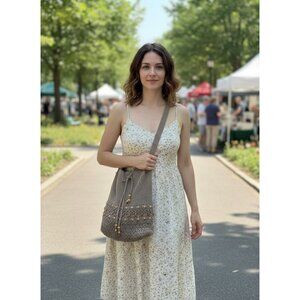 Bucket Bag Olive Crochet Shoulder Bag With Wooden Bead Details 31" Length